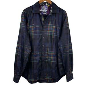 Robert Graham Rainbow Plaid Pattern with Floral Print Flip Cuffs Dress Shirt XL